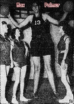 Photo of boys basketball player, 7 foot 7 inch, Max Palmer, Walnut High School, Mississippi, number 13, holding two basketballs, towering over three Yocona High School co-eds, Margaret Sykes, Juanice Daniels and Robbie Starnes. From The Dothan Eagle, Dothan, Alabama, December 23, 1948.