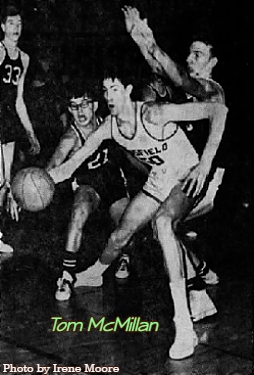 Image of Mansfield High School (Pennsylvania) boys basketball player, Tom McMillan, being guarded by Odessa-Monitour High players in a 12/27/1967 game. Odessa players were Ed LoPresti, #21, Tom Carson, #33, and Jack Woodford, score was Mansfield 84 to 64, McMillan scoring 23 points. From the Star-Gazette, Elmira, New York, December 28, 1967. Photo by Irene Moore.