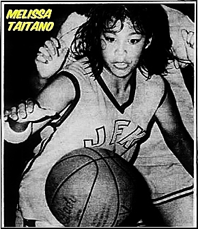Action image of high school girls basketball player, in JFK uniform going for the basketball. JFK High School in Guam. From the Pacific Daily News, Agana, Guam, March 28, 1987. Photo by Grant Paul.