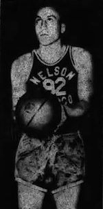 Picture of basketball player Chuck Mencel, former Minneapolis Laker, shown in 1957 as a Nelson Oiler in the Northwest Basketball Conference, in Eau Claire, Wisconsin, number 92 about to shoot. From The Daily Telegram, Eau Claire, Wisc., December 26, 1957