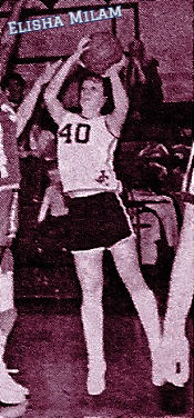 Picture of girls basketball player Elisha Milam of the Johnson City High School Longhorns, in her white JCHS uniform #40 ip in the air shooting a jump shot for two of her 50 points against Cloudland on 1/27/1981.