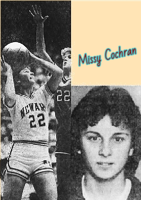 Images of Ohioan girls basketball player, Missy Cochran, number 22, in action with both hands on ball above head trying to shoot over #22 of the Zanesville Rosencrans High's Susan NAsh, in a MArch 17, 1984 game. From The Sunday Advocate, Newark, Ohio, 3/18/1984. Photographer Timothy E. Black. ANd portrait shot from The Advocate, December 10, 1982.