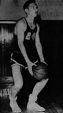 Image of boys basketball player, Morgie Evans, Summit Hill High School (Pennsylvania), in uniform #24, shown shooting an underhand shot. From the Sunday Call-Chronicle, Allentown, Pa., February 22, 1959.