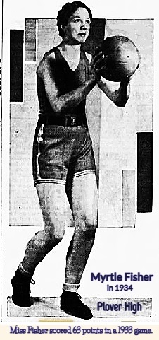 Image of Myrtle Fisher, girls basketball player for Plover High School (Iowa). From the Des Moines Tribune, January 10, 1934.. Ms. Fisher scored 63 points in a 1933 game.