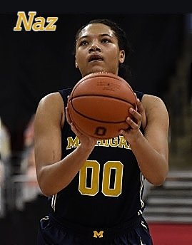 Picture of University of Michigan wome's basketball player, Naz Hillmon, in #00 uniform, shooting a foul shot.