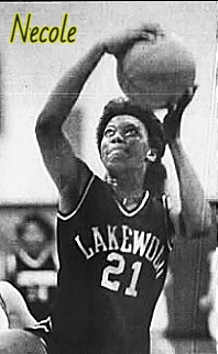 Image of Florida girls basketball player Necole Tunsil, Lakewood High Schol, in uniform #21, shooting a basketball to our left. From The Tampa Tribune, December 25, 1989 (Tampa, Florida).