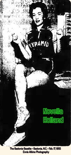 Picture of Pyramid Electric's women's basketball player, Novella Holland, sitting down, in uniform, with legs crossed. From The Gastonia Gazette, Gastonia, North Carolina, February 17, 1955. Ennis Atkins photography.