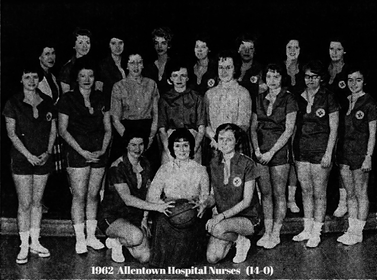 Photo of the 1962 Allentown Hospital Nurses women's basketball team, 14 and 0 on the season and winneers of the Student Nurses Association of Pennsylvania Area 2 championship. From The Morning Call, Allentown, Pennsylvania, April 7, 1962.