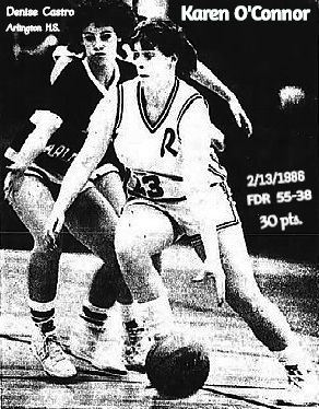 Girls basketball player, Karen O'Connor, Franklin D. Roosevelt High School, Hyde Park, New York, #23, driving around Densie Castro, Arlington High, on 2/13/1986, scoring 30 points in a 55 to 38 win. From the Poughkeepsie Journale, Poughkeepsie, N.Y., 2/14/1986. Photo by Craig Ruttle.