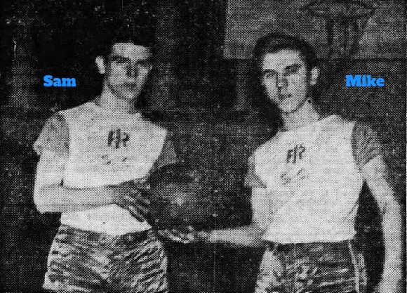 Image of basketball playing brothers for Ingersoll-Rand Service, Athens, Pennsylvania, 1943-44.Sam Olisky on left, Mike Olisky on right, holding basketball in front of them. From the Elmira Star-Gazette, Elmira, New York, March 10, 1944.