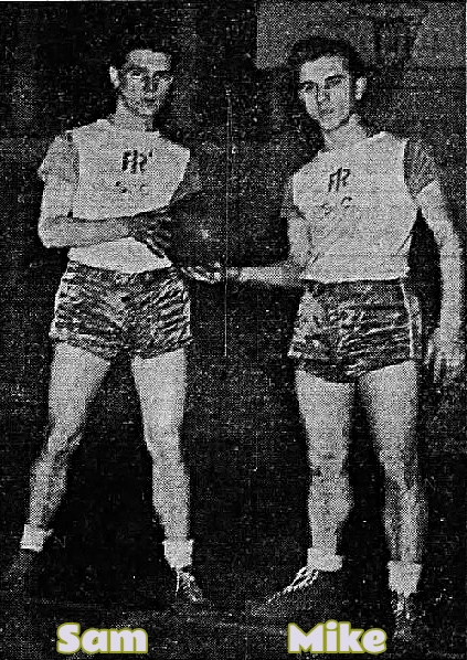 Picture of the Olisky brothers, Sam (on left) and Mike (on right), basketball players for the Ingersoll-Rand Service Club team. Shown in their uniforms, with interlocking 'IR' insignia, standing, holding a basketball between them.. From the Elmira Star-Gazette, Elmira, New York, January 15, 1944.