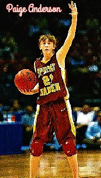 Image of Paige Anderson, girls basketball player for Spring Garden High School, Alabama. In red uniform, holding basketball at hip while giving a signal out. In red uniform.