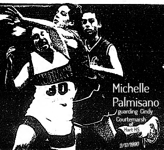 Image of girls basketbal player from Thousand Oaks High in California, trying to bat the ball away from Cindy Courtemarsh of Hart High Indians, on February 17, 11990. This was a Southern Section 5-A Division 1st round game, the Thousand Oaks Lancers lost 60 to 42. From the Los Angeles Times, L.A., Cal, 2/18/1990. Photo by George Wilhelm.