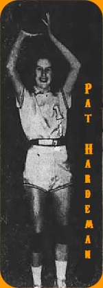 Image of Pat Hardeman, girls basketball player for Athens High, Georgia, holding ball, with noth hands over her head, in number 1 uniform, looking to pass. From The Chattanooga Times, Chattanooga, Tenneddee, February 18, 1958.