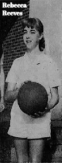 Image of 6th grade girl's basketball player, Rebecca Reeves, Bossier Elementary School, in a skirt, holding basketball. From The Shreveport Journal, Shreveport, Louisiana, January 12, 1955/to by Don Graham.