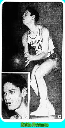 Image of Robin Freeman, Hughes High School (Ohio) boys basketball player, #24, about to shoot to our right, in white HUGHES uniform. From The Rocky Mount Evening Telegram, Rocky Mount, North Carolina, February 27, 1952.