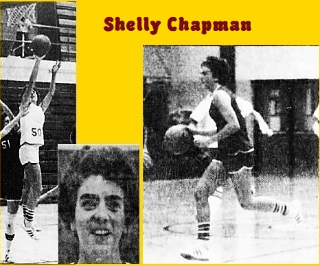 Images of Michigan girl's basketball player, Shelly Chapman, MArquette High School Redette. Going up for shot at basket in white #50 uniform, dribbling the ball to tour left in dark uniform and portrait. The latter is from the Detroit Free Press, December 31, 1977, the action shots from same paper, September 18, 1997.