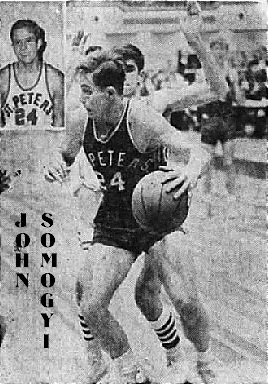 Images of boys basketball player John Somogyi, St. Peter's High School (New Jersey), shown in uniform #24, dribbling the ball in game action, plus a small portrait. From The Daily Home News, Somerset Edition, New Brunswick, N.J., April 7, 1968.