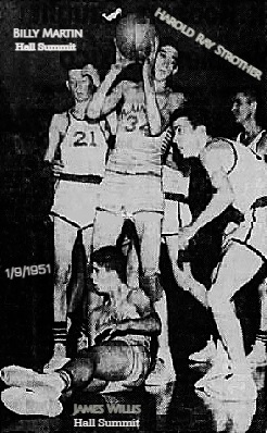 Image of the JAnuary 9, 1959 game when Harold Ray Strother, Plainview High School Hornets high school basketball game in Louisiana.Strother, #4, is shown getting his hands on a rebound in the game againstHall SUmmit High in the Byrd High Invitational Tournament. Fallen at his feet is oppenent, JAmes Willis and behind him to our left, is Billy MArtin, #21, of HAll Sumt. From the Shreveport Journal, Shreveport, Louisiana, January 10, 1959.