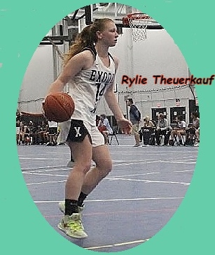 Image of New ersey girl basketball player on the Tenafly High School Tigers team, dribbling the basketball upcourt to our right.