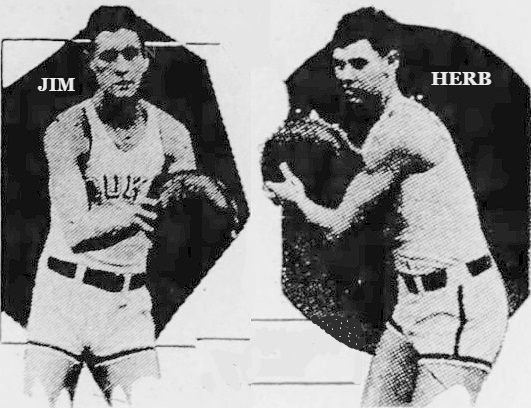Image od the Thompson brothers of Duke University Blue Devils basketball. Two shots handling the basketball. Jim Thompson on the left, Herb Thompson on the right. From The Evening Leader, Staunton, Virginia, Februay 23, 1933.
