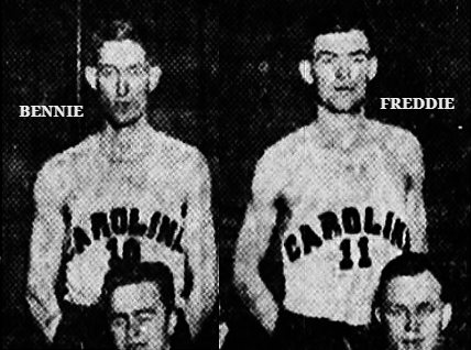 Picture of the University of South Carolina Tompkins brothers taken from a team photo in The Charlotte Observer, Charlotte, North Carolin, February 28, 1033. Bennie, #10, on the left, Freddie, #11. on the right. (Hart and Rowland's heads in front of them.