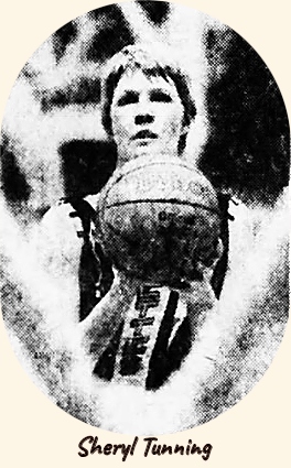 Image of Iowa girls basketball player, Sheryl Tunning, Guthrie Center High School, shooting one of 15 foul shots in her 63 point game in the state tournament semi-final on March 12, 1980. From the Des Moines Tribune, 3/13/1980. Photo by Bob Nandell.