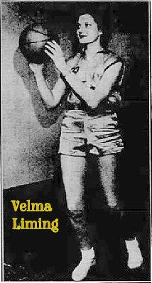 Posed image of Kansas girls basketball player, Velma Liming, Easton High School, shooting a shot to our left. From the Daly News, New York, New York, February 2, 1954.