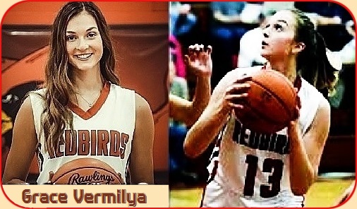 Images of girls basketball player Grace Vermiya, Loudonville High School (Ohio). Number 13, shown with portrait from letters up and action shot of her shooting, ball up by shoulders, in both hands, looking upward to our left, white unifor, red letters and number.