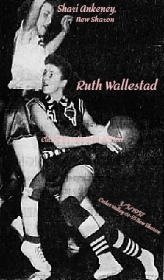 Image of girls basketball player Ruth Wallestad, Cedar Valley High School (Iowa) forward, driving around New Sharon defender Shari Ankeney, in a March 5, 1957 game won by Cedar Valley, 61-55. Wallestad scored 36 points. From the Des Moines Tribune, Des Moines, Iowa, March 6, 1957. Photo by Bob Long.