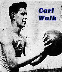 Image of Carl Wolk, Sheppton High School (Pennsylvania) boys basketball player about to shoot a foul or set shot to our right. From The Plain Speaker, Hazleton, Pennsylvania, February 28, 1951.