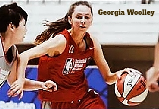 Image of basketball player, Georgia Woolley, North Brisbane Dragons in the Brisbane Basketball Association GBL Gold team, in #13 red uniform, driving around defender.