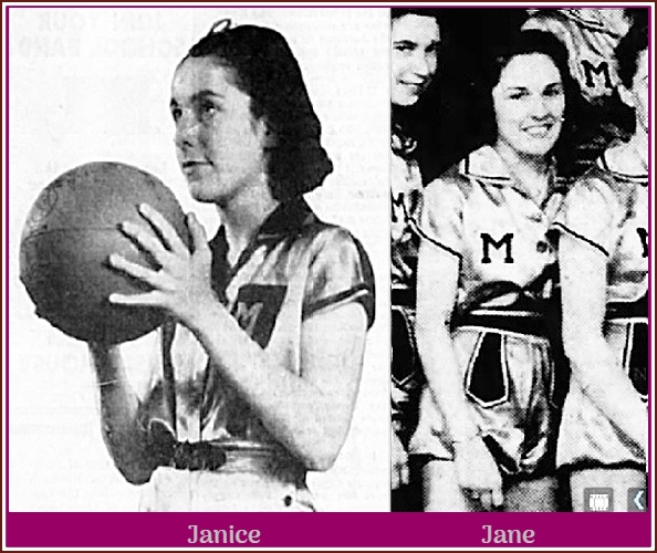 Images of twin sister basketball players in their Maxwell High School (Iowa) uniforms. Janice Allen is shooting a foul shot on the left, from the Des Moines Tribune, Des Moines, Ia., January 29, 1940. Jane Allen's image is from a team photo from the same newspaper, March 6, 1942. We see a peak of teammate Jolene Troup to the left.