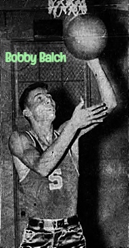 Image of Floridian boys basketball player Bobby Balch, Miami Beach High School Stingaree, shown shooting up at the basket, big S on his jersey. From the Miami Sunday News, Miami, Fla., March 4, 1956.