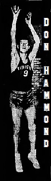 Image of boys basketball player Don Hammond, Washington High School (St. Louis, Missouri), in uniform number 9, shooting a one handed jump shot. From The St. Louis Star-Times, January 20, 1950.