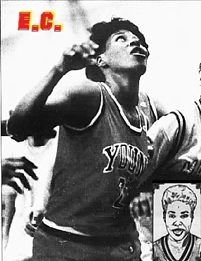 Images of Yconda 'E.C.' Hill, Whitney Young High School, Chicago, girls basketball player, shown looking up for a rebound in a 1990 game, from a photo by Ed WAgner, the Chicago Tribune, February 16, 1990. Also a drawing portrait of her from the Daily Chronicle, DeKalb County, Illinois, October 13, 2004.