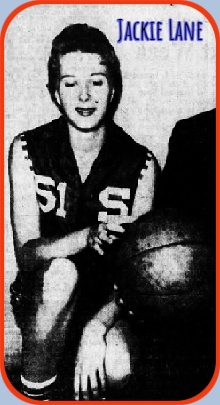 Image of Alabamian girls basketball player, Jackie Lane, Seminole High Squaw, #51, kneeling, with basketball. From The Dothan Eagle, Dothan, Alabama,March 22, 1962 (McLeod Photo).