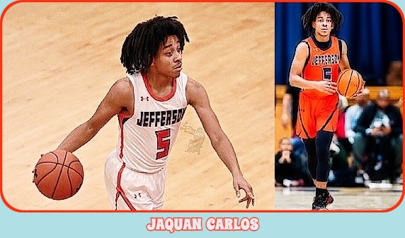 Two action shots of Jaquan Carlos, boys basketball player for Thomas Jefferson High School, Brooklyn, New York. Both dribbling ball, on the left in white uniform with red lettering, #5, going to our right, and the picture on the right, in red uniform coming towards us.