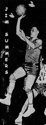 Jim Summers, #5, shown up in the air (from the side) about to put the basketball in the basket with his right hand, for Douglas County High School, Gardnerville, Nevada. From the March 3, 1952 Intelligencer Journal, Lancaster, Pennsylvania.