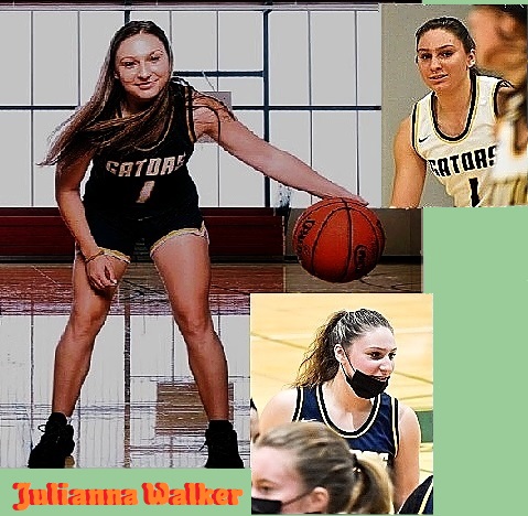 Three images of State of Washington girls basketball player, number 1. Posing dribbling basketball, shown in huddle with mask, both in black GATORS uniforms, and one in white uniform. . She plays for Annie Wright High School.