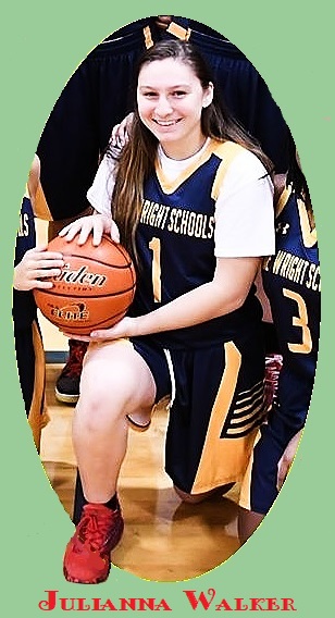 Cropped from team photo, Julianna Walker, Annie Wright High, State of Washington, with basketball, on one knee, in black Wright Schools uniform #1.