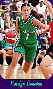 Image of Queensland basketball player Katelyn Donovan in a Sun Coast green uniform, number 7, dribbling around a defender as a 17 year old.