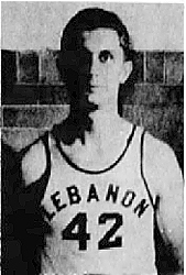 Image of Pennsylvanian boys basketball player, Mike Katos, Lebanon High School Cedars, posing in number 42 jersey. From The Daily News, Lebanon, Pa., January 15, 1991.