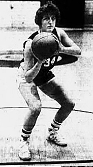 Picture of Indiana girl basketball player Kim Barrier, #34, preparing to shoot a foul shot. From the South Bend Tribune, South Bend, Indiana, January 30, 1986. Photo by Ed Ballotts.