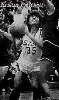 Image of Indiana girls basketball player Kristin Pritchett, in Stars jersy #35 of the Bedford North Lawrence High School team, with ball, looking to shoot over the defense. From The Times-Mail, Bedford, Indiana, January 19, 1988. Photo by Sanford Gentry.