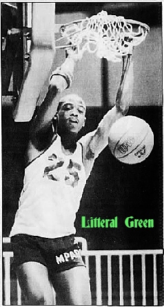 Photo of Mississippian boys basketball player, Litteral Green, Moss Point High School, seen holding onto rim after dunking the basketball, in white jersey nuber 25; from The Clarion Ledger/Jackson Daily News, Jackson, Mississippi, January 3, 1988.