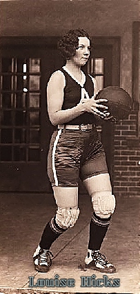 Image of Monticello A&M College women's basketball player Louise Hicks, with a big A on her jersey. She holds a basketball and faces to our right. Undate, from 1931, but from later The Monticello Advance.
