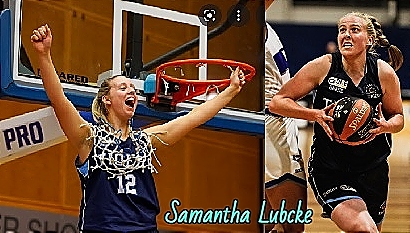 Images of Willetton Tigers basketball player Samantha Lubcke, number 12, show driving to the basket in a game, and after helping to win the debut championship of the NBL One West in September 2021, with cut off net around her neck with arms outstretched in victory..