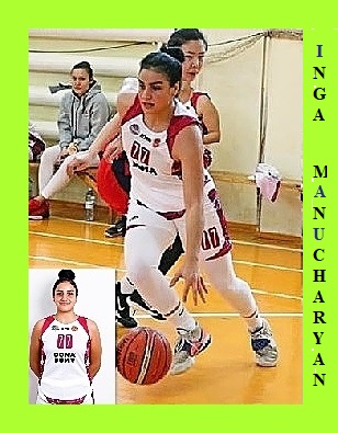 Images of Armenian baskeball player, Inga Manucharyan, Yerevan Basket player in the Armenia Division I women's league, number 77, both portrait shot and action dribbling ball upcourt.