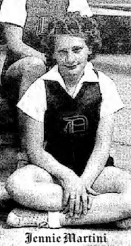 Image cropped from 1936 Dayton High Schhol (Nevada) team photo of girls basketball team, of Jennie Martini, sitting in lotus position, legs crossed, arms in front, with stylized 'D' on front of uniform. From the Mason Valley News, Yerington, Nevada, March 29, 2002.